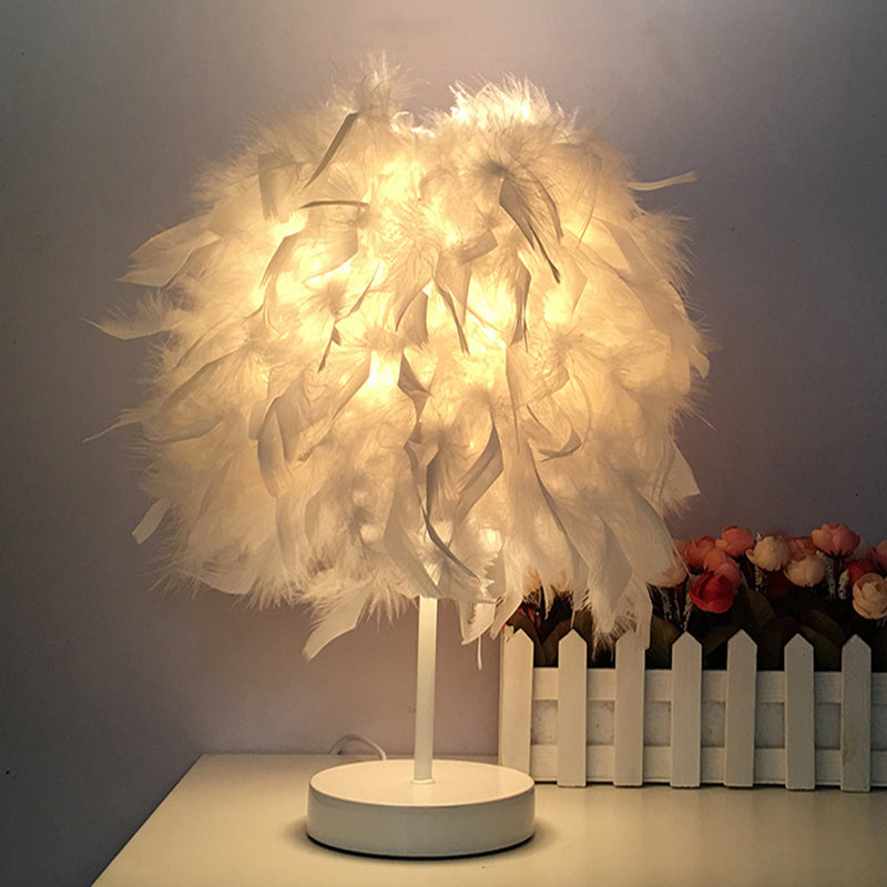 Feathered Ball Table Lamp for Kids Room - 8.5"/10" Wide & Simple Design in White/Chrome