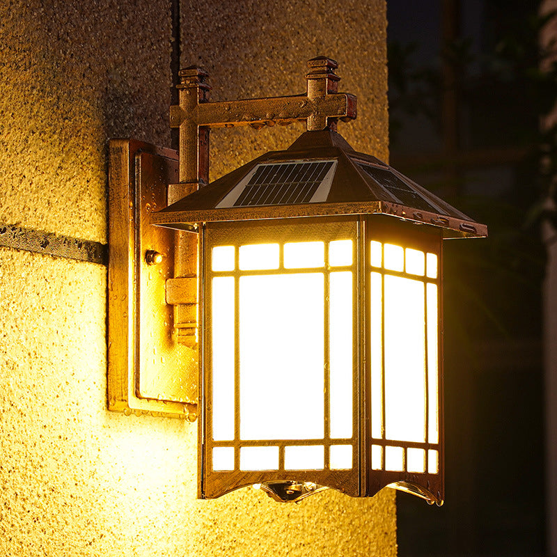 Solar-Powered LED House Sconce Light: Country Black/Brass with Frosted Glass, Wall-Mounted Fixture