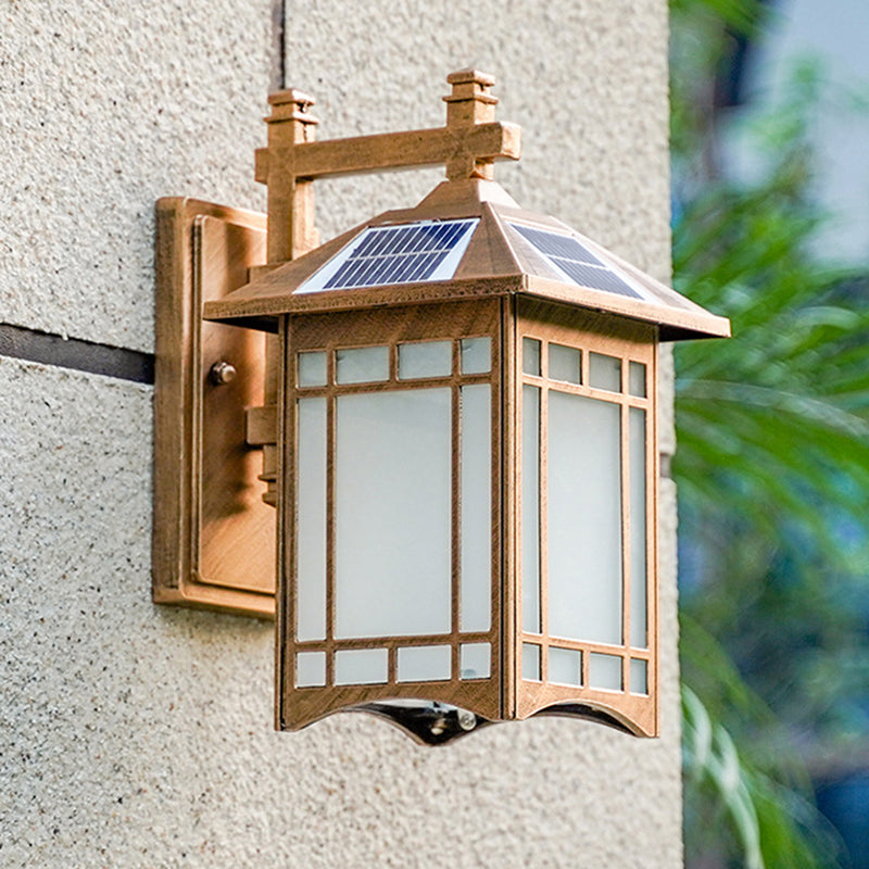 Solar-Powered LED House Sconce Light: Country Black/Brass with Frosted Glass, Wall-Mounted Fixture