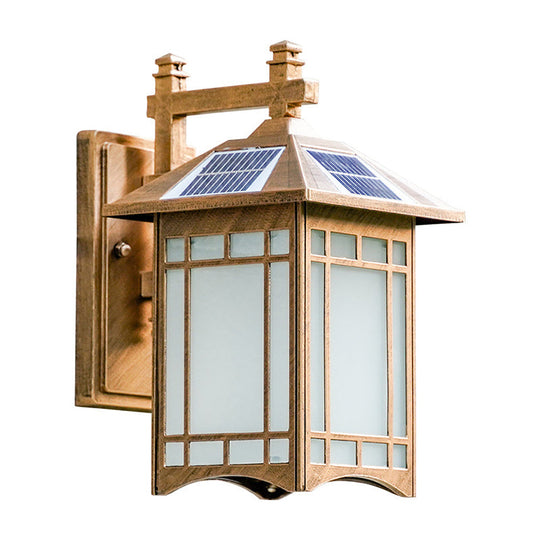 Solar-Powered LED House Sconce Light: Country Black/Brass with Frosted Glass, Wall-Mounted Fixture