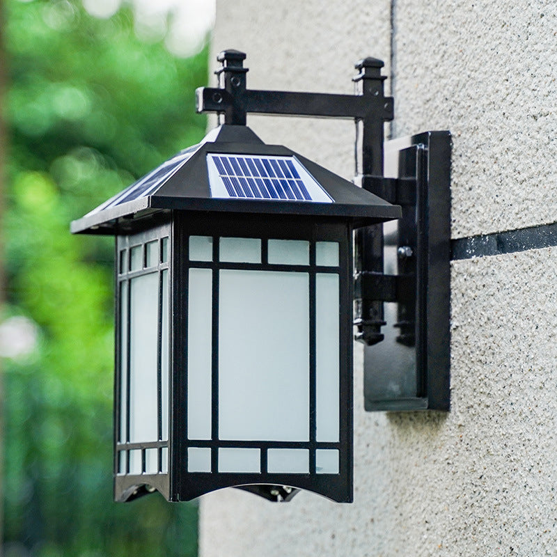 Solar-Powered LED House Sconce Light: Country Black/Brass with Frosted Glass, Wall-Mounted Fixture