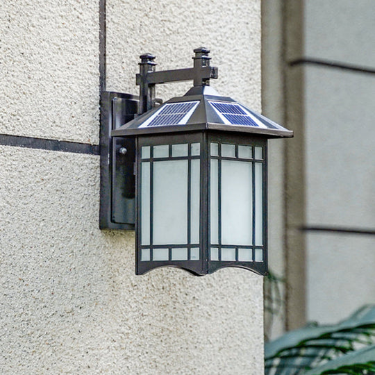 Solar-Powered LED House Sconce Light: Country Black/Brass with Frosted Glass, Wall-Mounted Fixture