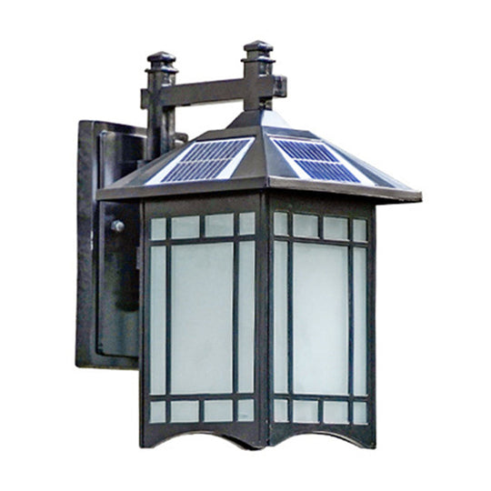 Solar-Powered LED House Sconce Light: Country Black/Brass with Frosted Glass, Wall-Mounted Fixture