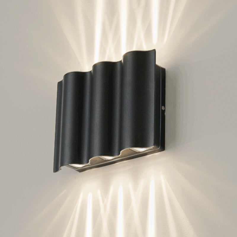Modern Black LED Patio Sconce Lamp - 2/4/6-Light Flush Mount Wall Light with Wavy Metal Shade, Warm/White Light