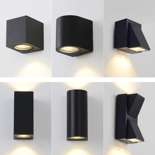 Contemporary LED Outdoor Wall Mount Sconce Light with Metal Shade - Black Triangle/Cylinder/Rectangle
