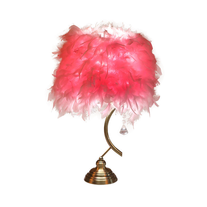 Contemporary White/Pink Tapered Table Lamp with Feather Shade and Crystal Drop