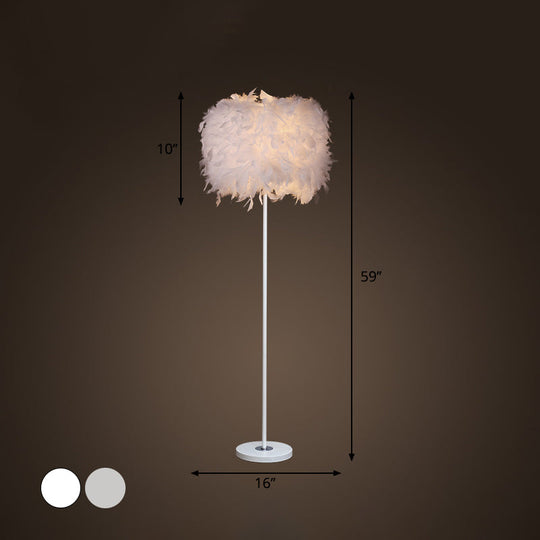 Minimalist White/Chrome Living Room Floor Lamp - Single-Bulb Standing Light with Feather Shade