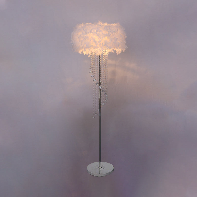 Modern Drum Standing Lamp Feather 1-Light Floor Light in Red/White with Crystal Spiral Drape - Stylishly Enhance Your Living Room