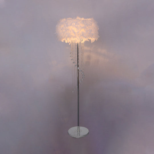 Modern Drum Standing Lamp Feather 1-Light Floor Light in Red/White with Crystal Spiral Drape - Stylishly Enhance Your Living Room