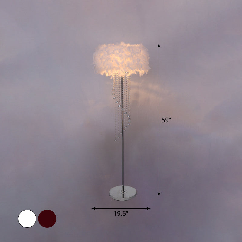 Modern Drum Standing Lamp Feather 1-Light Floor Light in Red/White with Crystal Spiral Drape - Stylishly Enhance Your Living Room