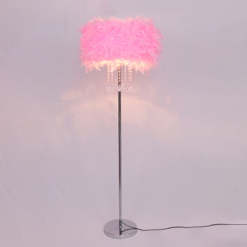 Modernist Drum Dining Room Floor Lamp in Pink/White/Purple with Crystal Draping