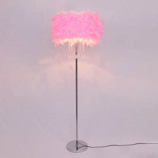 Modernist Drum Dining Room Floor Lamp in Pink/White/Purple with Crystal Draping
