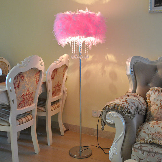 Modernist Drum Dining Room Floor Lamp in Pink/White/Purple with Crystal Draping