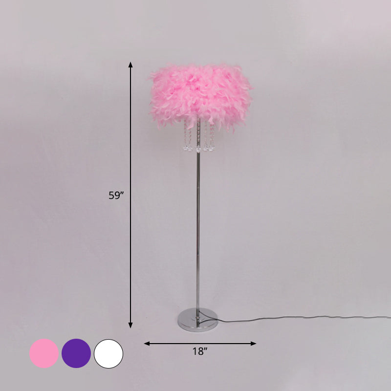 Modernist Drum Dining Room Floor Lamp in Pink/White/Purple with Crystal Draping