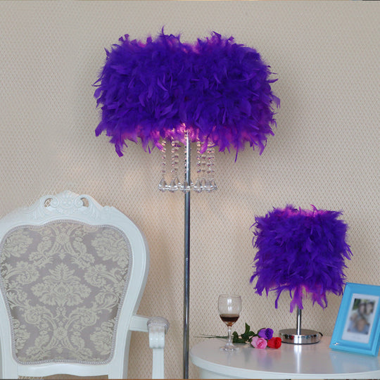 Modernist Drum Dining Room Floor Lamp in Pink/White/Purple with Crystal Draping