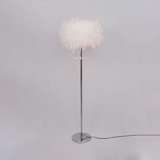 Modernist Drum Dining Room Floor Lamp in Pink/White/Purple with Crystal Draping