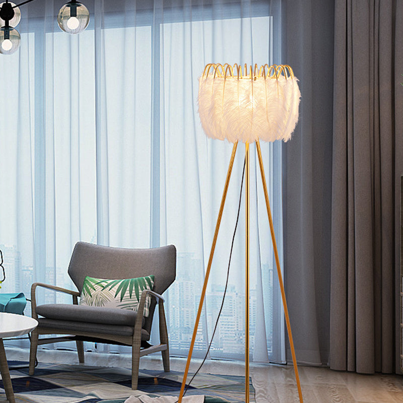 Goose Feather Tripod Drum Floor Lamp - Brass and White