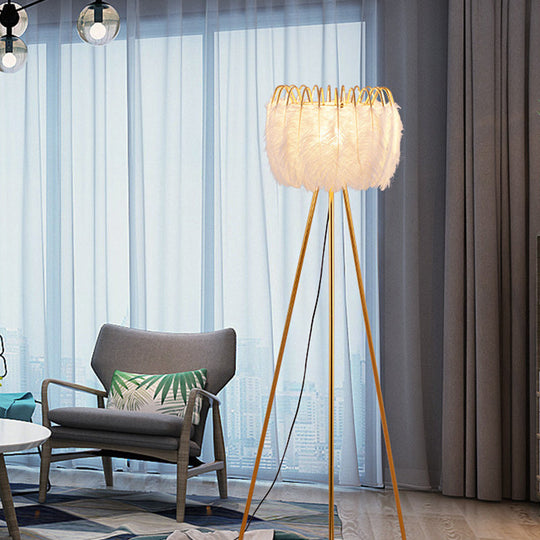 Goose Feather Tripod Drum Floor Lamp - Brass and White