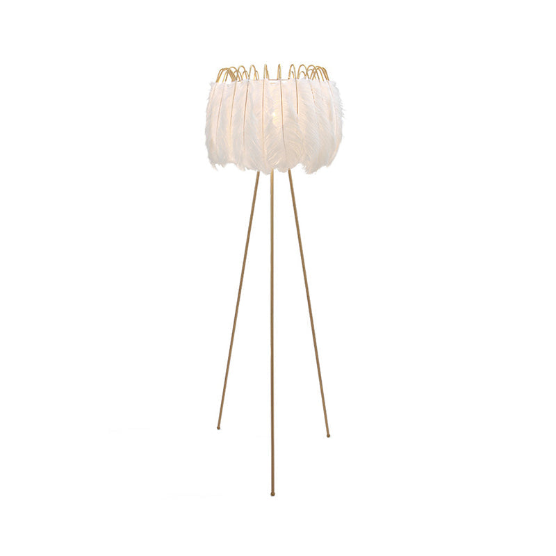 Goose Feather Tripod Drum Floor Lamp - Brass and White