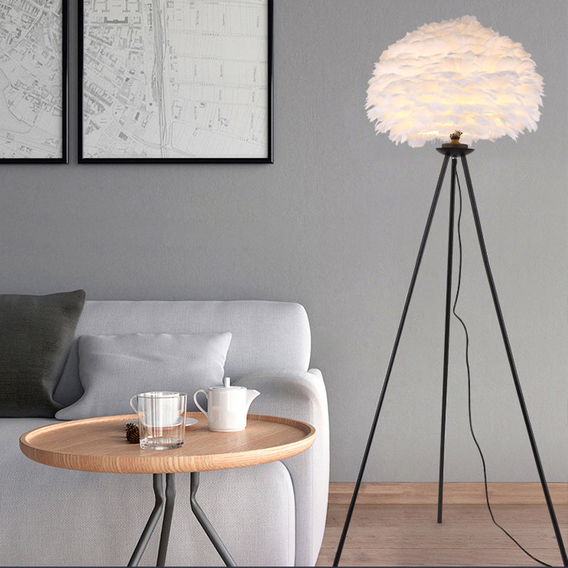 Dome Feather Floor Lamp - Minimalist Single Grey/White/Pink Light with Tripod for Bedroom