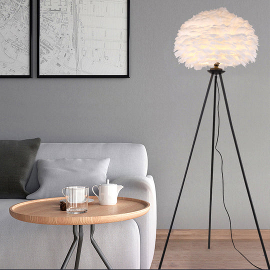 Dome Feather Floor Lamp - Minimalist Single Grey/White/Pink Light with Tripod for Bedroom
