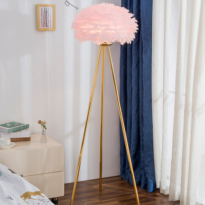 Dome Feather Floor Lamp - Minimalist Single Grey/White/Pink Light with Tripod for Bedroom
