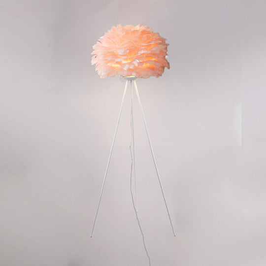 Dome Feather Floor Lamp - Minimalist Single Grey/White/Pink Light with Tripod for Bedroom