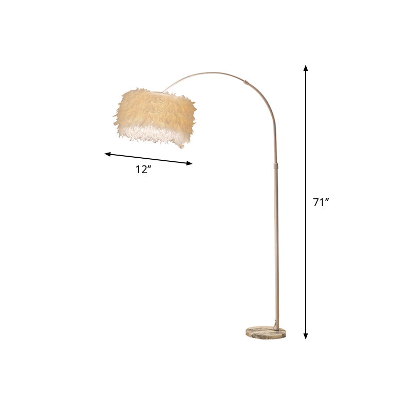 Feather Drum Floor Reading Light - Simple and Modern 1-Light White Gooseneck Lamp with Optional Crystal Drape