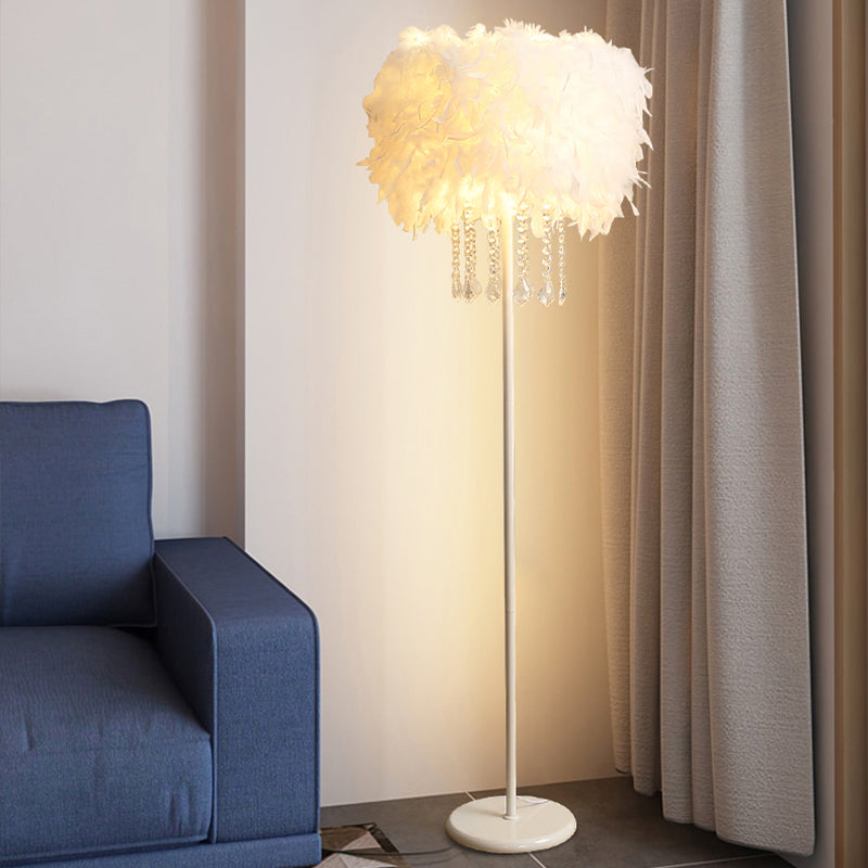 Feather Drum Floor Reading Light - Simple and Modern 1-Light White Gooseneck Lamp with Optional Crystal Drape