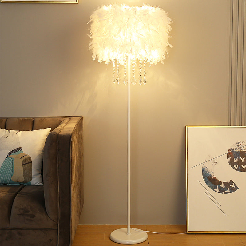 Feather Drum Floor Reading Light - Simple and Modern 1-Light White Gooseneck Lamp with Optional Crystal Drape