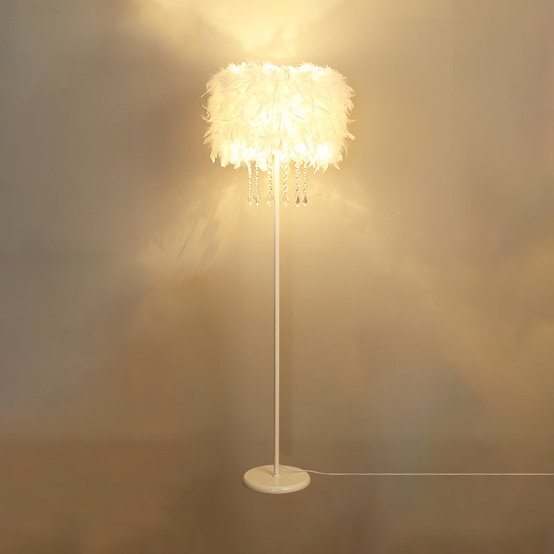 Feather Drum Floor Reading Light - Simple and Modern 1-Light White Gooseneck Lamp with Optional Crystal Drape