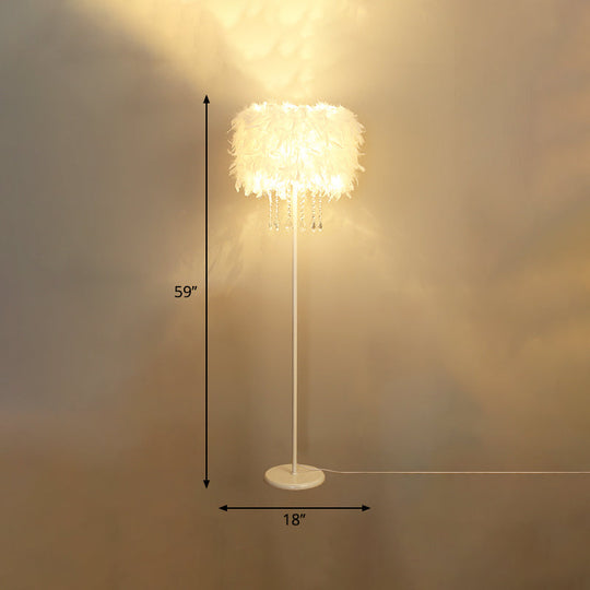 Feather Drum Floor Reading Light - Simple and Modern 1-Light White Gooseneck Lamp with Optional Crystal Drape