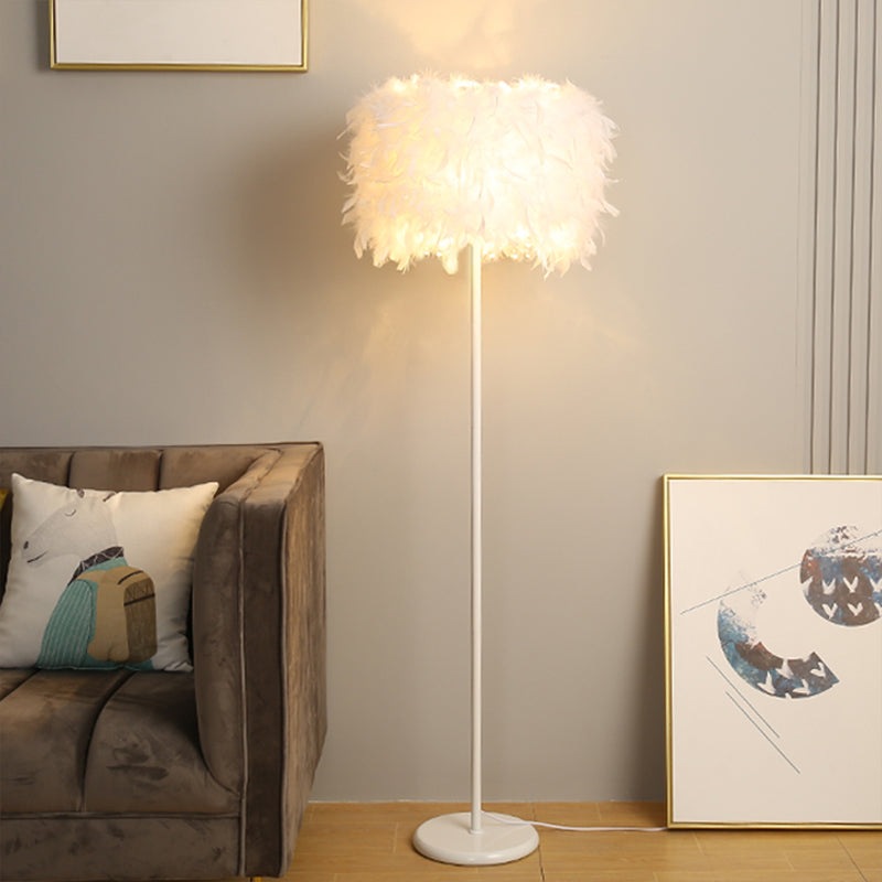 Feather Drum Floor Reading Light - Simple and Modern 1-Light White Gooseneck Lamp with Optional Crystal Drape