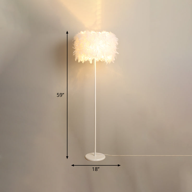 Feather Drum Floor Reading Light - Simple and Modern 1-Light White Gooseneck Lamp with Optional Crystal Drape