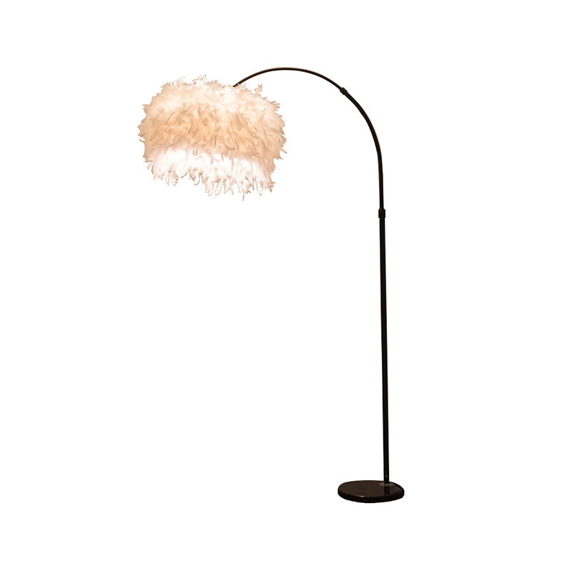 Minimalist Black/White Drum Floor Lamp with Feathered 1 Head, Curved/Straight Lamp Pole