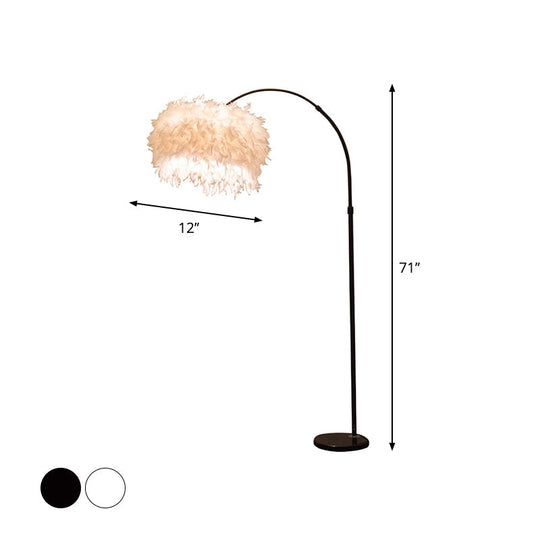 Minimalist Black/White Drum Floor Lamp with Feathered 1 Head, Curved/Straight Lamp Pole