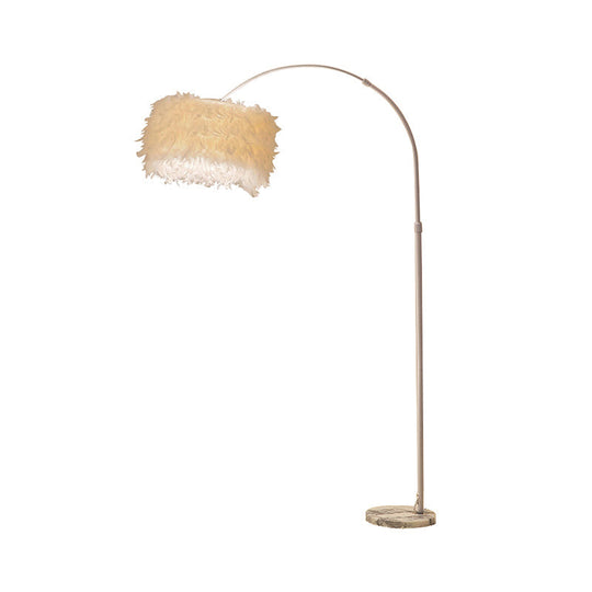 Minimalist Black/White Drum Floor Lamp with Feathered 1 Head, Curved/Straight Lamp Pole