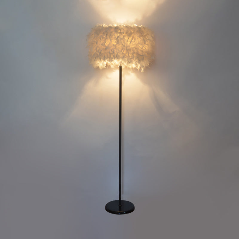 Minimalist Black/White Drum Floor Lamp with Feathered 1 Head, Curved/Straight Lamp Pole