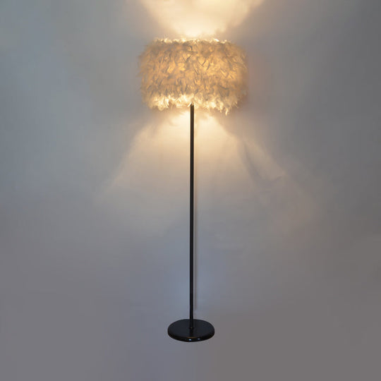 Minimalist Black/White Drum Floor Lamp with Feathered 1 Head, Curved/Straight Lamp Pole