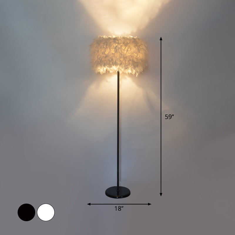 Minimalist Black/White Drum Floor Lamp with Feathered 1 Head, Curved/Straight Lamp Pole