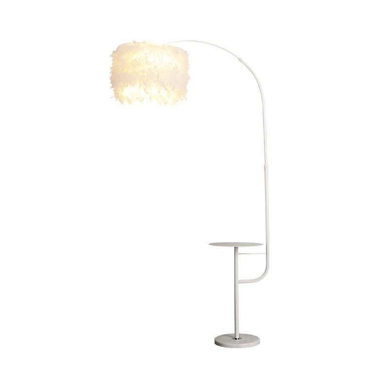 Nordic Feather Standing Lamp: Drum-Shaped 1-Bulb Gooseneck Floor Light, Black/White - With/Without Tray