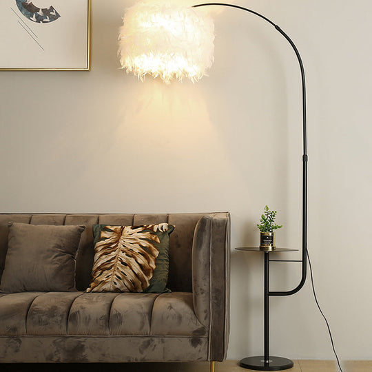 Nordic Feather Standing Lamp: Drum-Shaped 1-Bulb Gooseneck Floor Light, Black/White - With/Without Tray