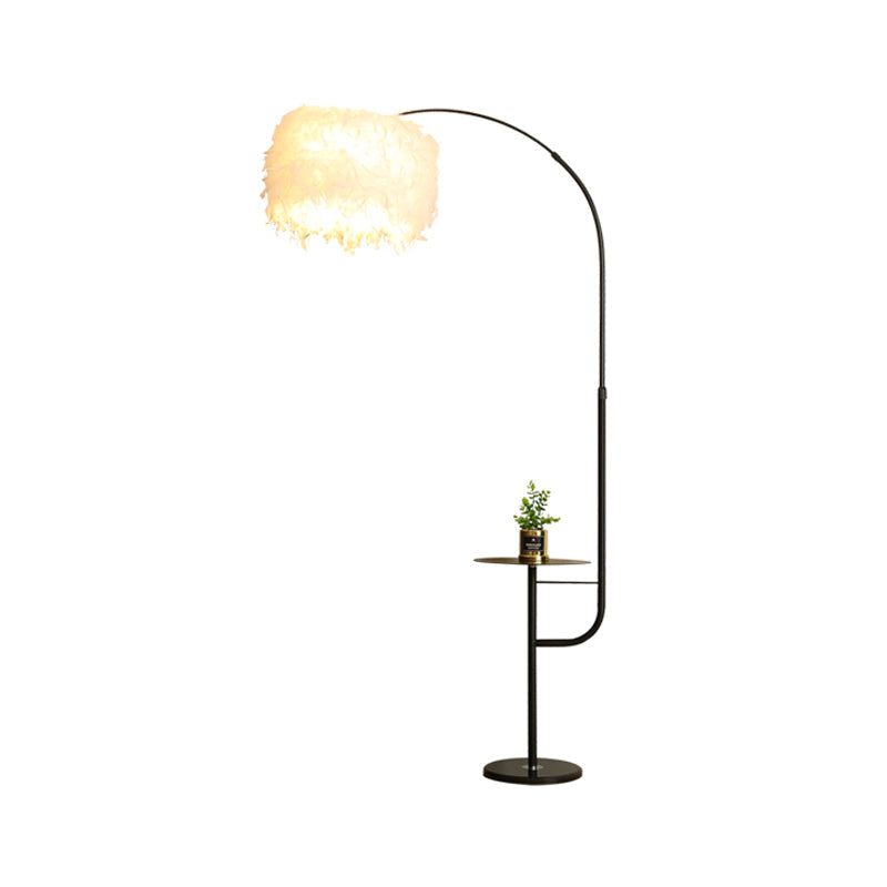 Nordic Feather Standing Lamp: Drum-Shaped 1-Bulb Gooseneck Floor Light, Black/White - With/Without Tray
