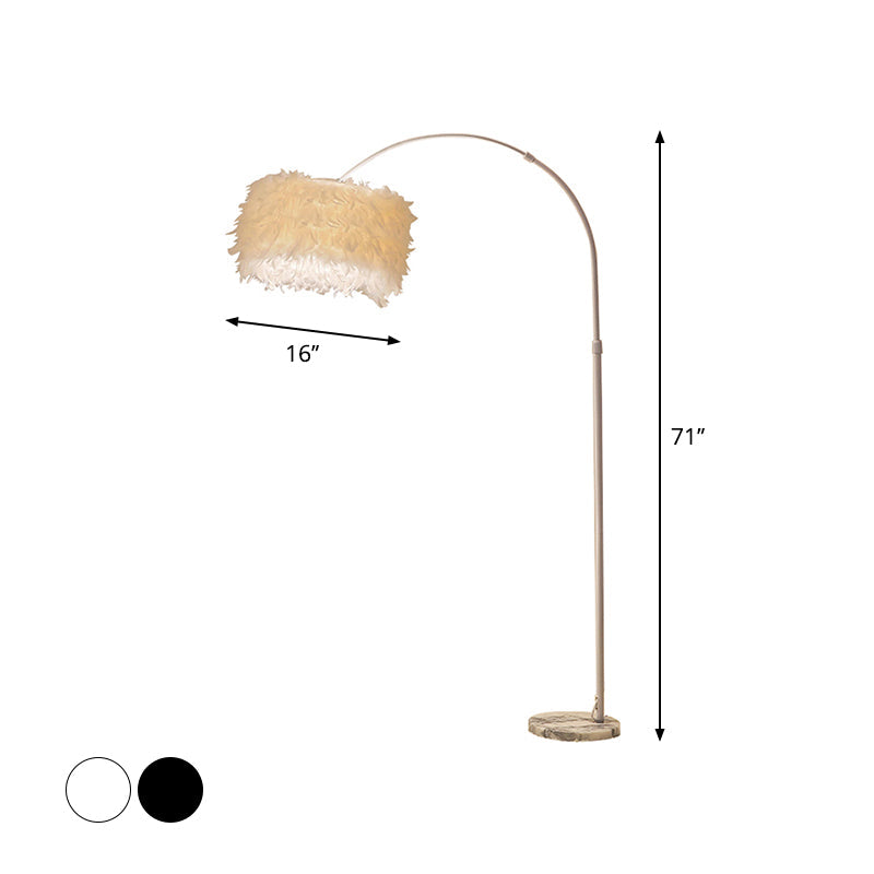 Nordic Feather Standing Lamp: Drum-Shaped 1-Bulb Gooseneck Floor Light, Black/White - With/Without Tray