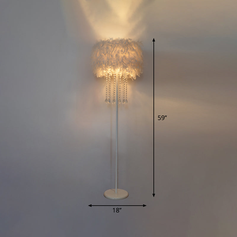 Modern Drum Bedside Floor Lamp - Feather 1-Light, White (with/without Crystal Drop)