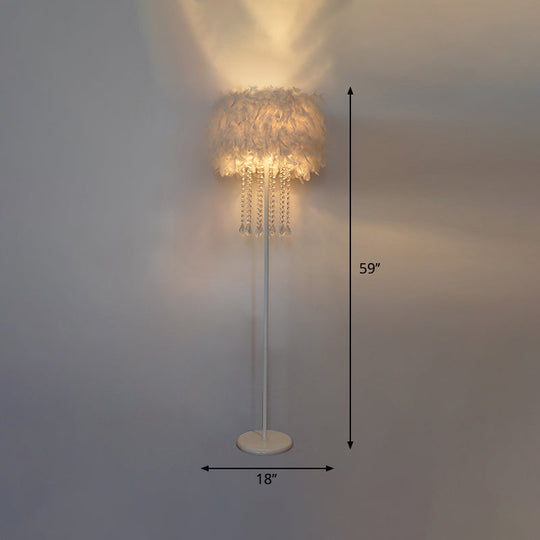 Modern Drum Bedside Floor Lamp - Feather 1-Light, White (with/without Crystal Drop)