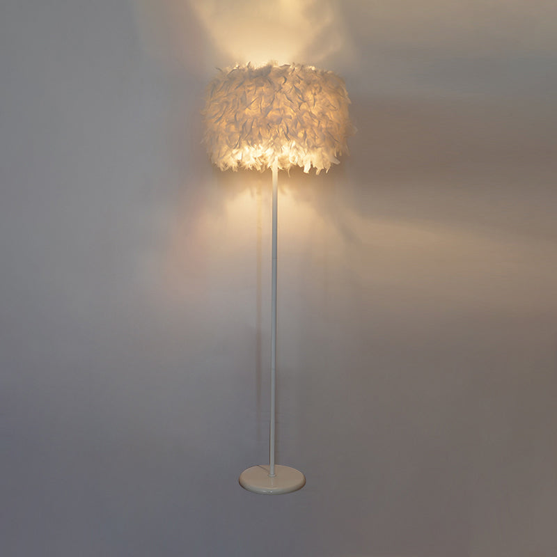 Modern Drum Bedside Floor Lamp - Feather 1-Light, White (with/without Crystal Drop)