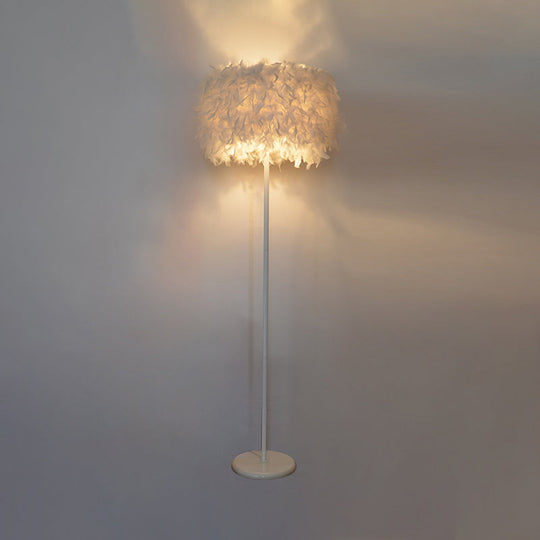 Modern Drum Bedside Floor Lamp - Feather 1-Light, White (with/without Crystal Drop)