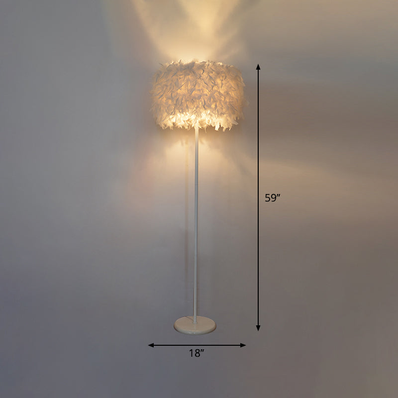 Modern Drum Bedside Floor Lamp - Feather 1-Light, White (with/without Crystal Drop)
