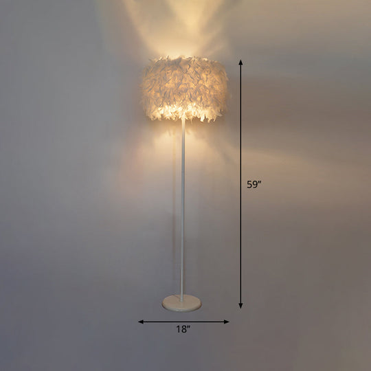 Modern Drum Bedside Floor Lamp - Feather 1-Light, White (with/without Crystal Drop)